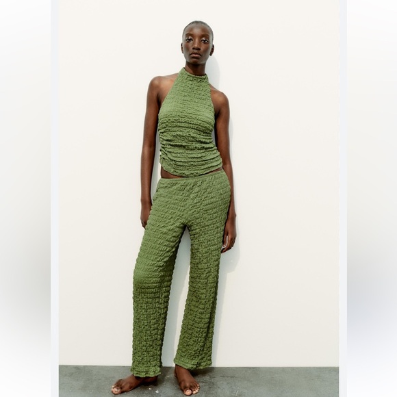 SOLD - NWOT Zara Olive Wide Leg Textured Pants - Picture 2 of 5